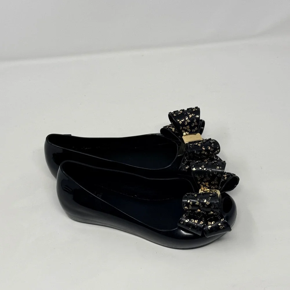Mel by Melissa Kids Black Jelly Ballet Flats Bow Leopard Print Size 12 USA